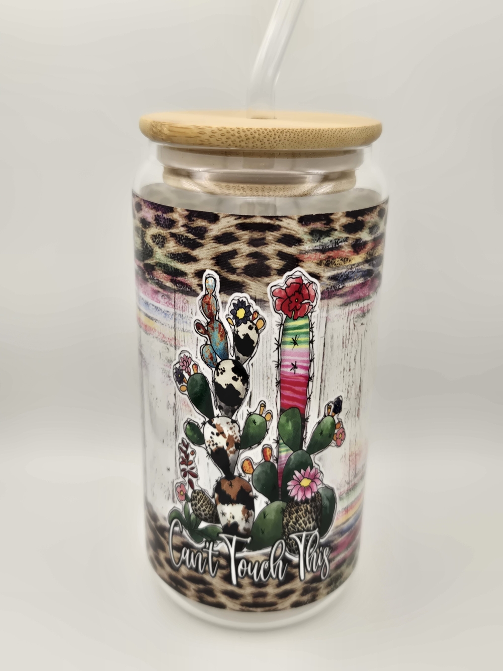 Multicolor Cactus Glass Jar with Bamboo Lid